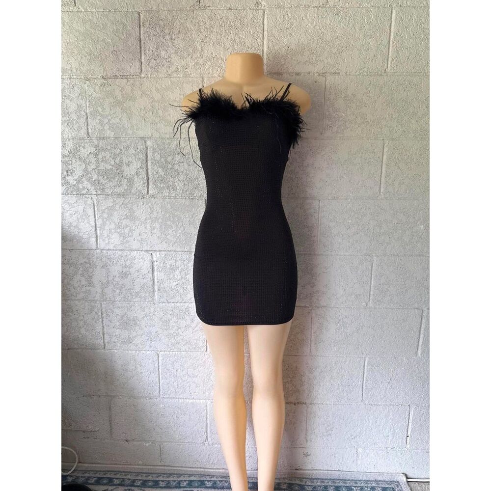 Zara Black Rhinestone Feather Trim Bodycon Mini Dress Size Small